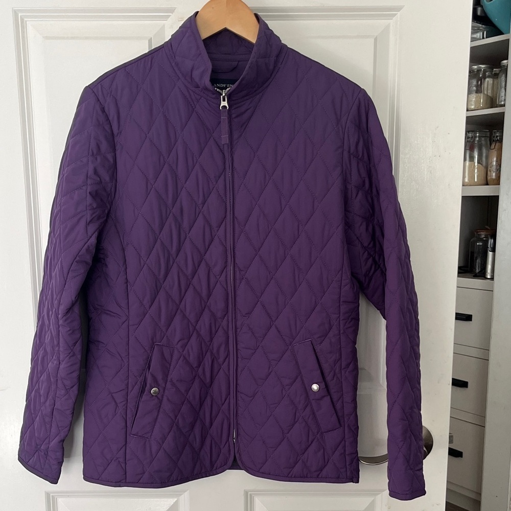 Lands' End Women's Deep Purple Quilted lightweight Jacket, green lining sz small